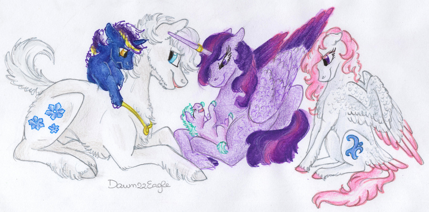 absurd_res blue_eyes blue_fur cutie_mark dawn22eagle double_diamond_(mlp) earth_pony equine family fan_character feathered_wings feathers female feral friendship_is_magic fur group hair hi_res hooves horn horse jewelry lying male mammal my_little_pony necklace pegasus pink_hair pony purple_eyes purple_feathers purple_hair simple_background sitting smile traditional_media_(artwork) unicorn white_background white_fur winged_unicorn wings yellow_eyes young