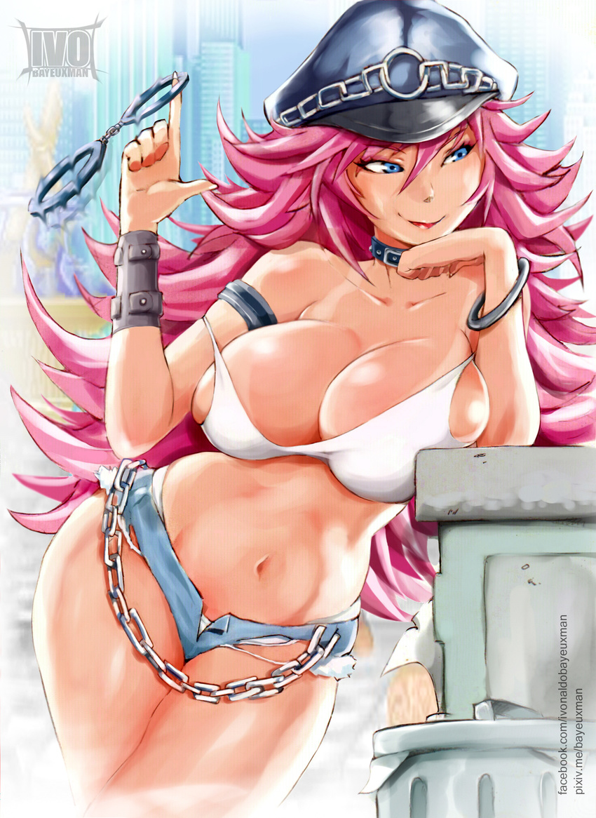 against_railing bare_shoulders blue_eyes blue_shorts breasts chin_rest cleavage collar commentary cuffs denim denim_shorts final_fight handcuffs hat highres ivo_naldo large_breasts leaning_on_object lipstick long_hair makeup messy_hair midriff navel no_bra off_shoulder peaked_cap pink_hair poison_(final_fight) shorts smile solo studded_collar tank_top very_long_hair