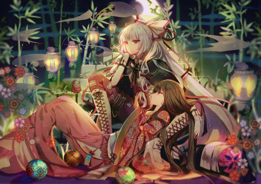 2girls ball bamboo bamboo_forest bangs between_fingers black_cape black_eyes black_hair blunt_bangs boots bow cape chin_rest chinese_commentary cigarette commentary_request crescent_moon cross-laced_footwear embellished_costume forest from_side fujiwara_no_mokou hair_bow hair_ornament hair_ribbon half-closed_eyes hand_on_own_chin hand_up high_heel_boots high_heels hime_cut houraisan_kaguya japanese_clothes kimono lace-up_boots lantern legs_apart long_hair long_sleeves lying mixed-language_commentary moon multiple_girls nature night obi ofuda on_back outdoors pants red_bow red_eyes red_pants red_ribbon ribbon sash shirt sidelocks sitting sleeves_past_wrists smoke talisman temari_ball thigh_boots thighhighs touhou very_long_hair white_hair white_shirt wide_sleeves yasato