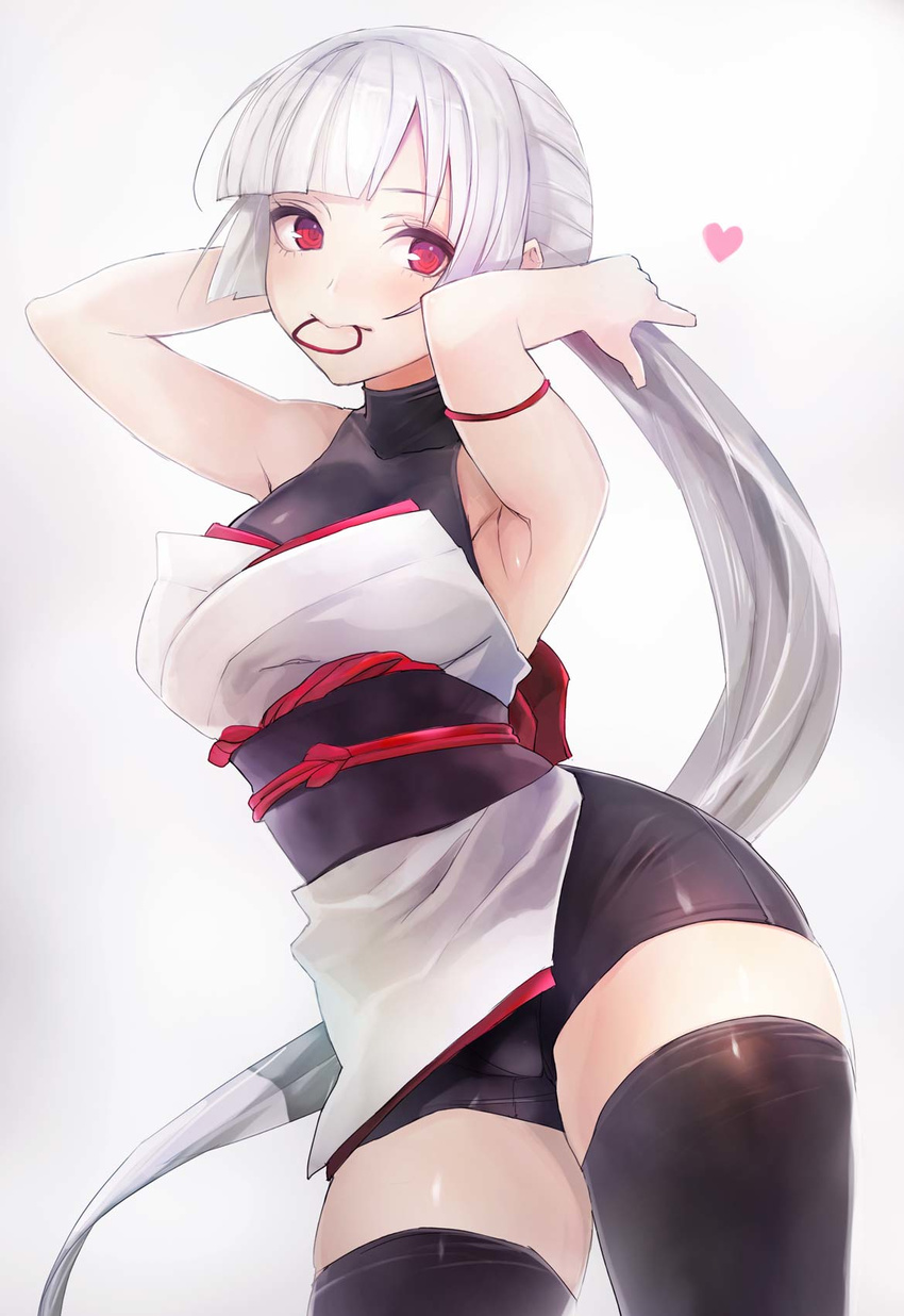 adjusting_hair armlet armpits bangs bare_shoulders bike_shorts black_legwear blunt_bangs blush breasts commentary_request highres large_breasts long_hair looking_at_viewer mouth_hold obi original ponytail red_eyes sash silver_hair simple_background sleeveless solo taishi_(picchiridou) thighhighs tsuru-chan very_long_hair