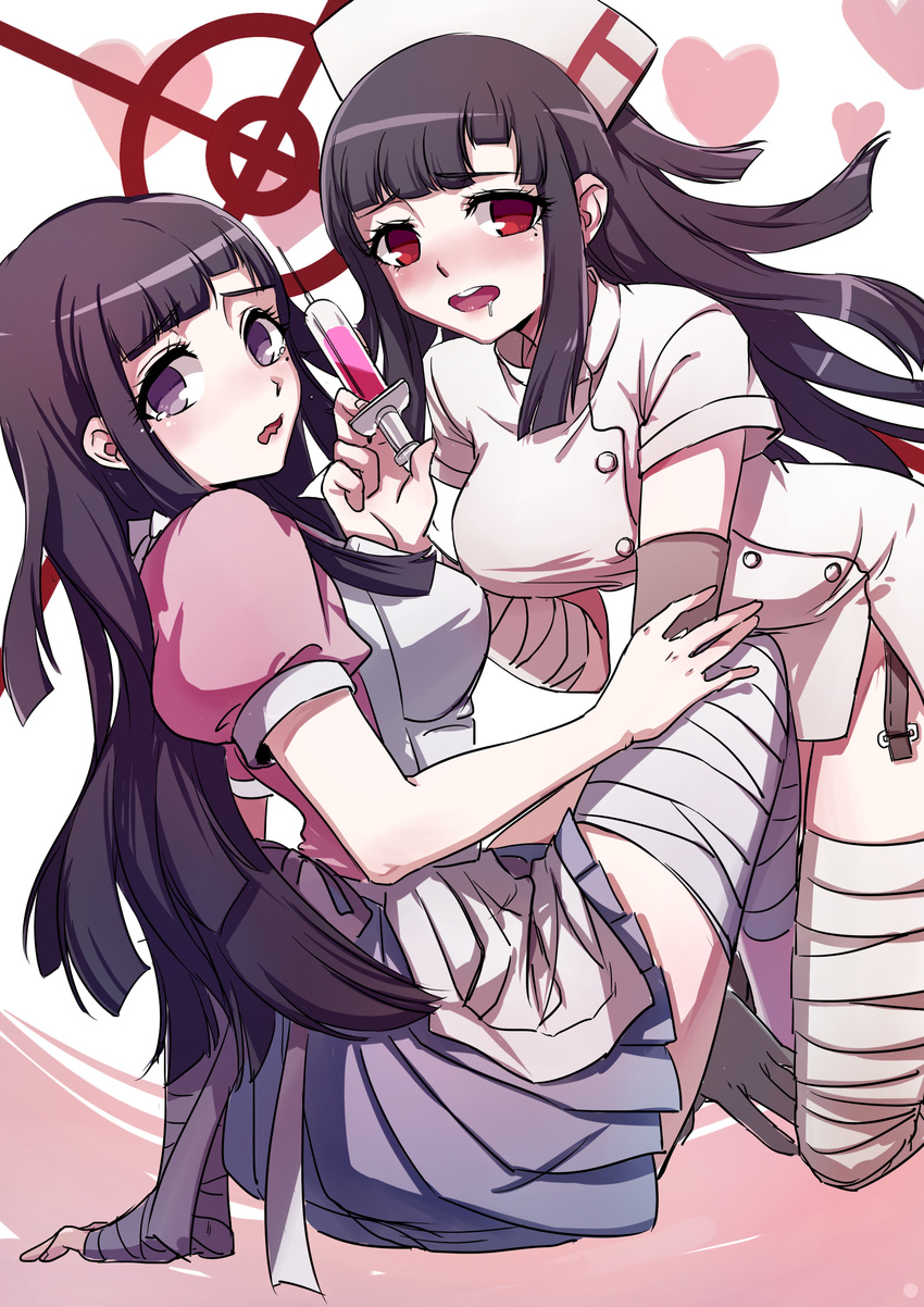 absurdres apron bandages breasts danganronpa danganronpa_3 dark_persona dual_persona hat highres long_hair looking_at_viewer medium_breasts mole mole_under_eye nurse nurse_cap puffy_short_sleeves puffy_sleeves purple_eyes purple_hair red_eyes saliva short_sleeves spoilers super_danganronpa_2 syringe tsumiki_mikan yolk_tomatosauce