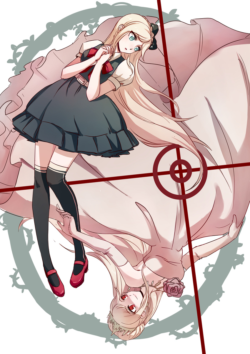 absurdres bangs black_legwear blonde_hair blue_eyes braid danganronpa danganronpa_3 dark_persona dress dual_persona elbow_gloves french_braid gloves highres jewelry long_hair necklace puffy_short_sleeves puffy_sleeves red_eyes short_sleeves sonia_nevermind spoilers strapless strapless_dress super_danganronpa_2 swept_bangs thighhighs very_long_hair yolk_tomatosauce zettai_ryouiki