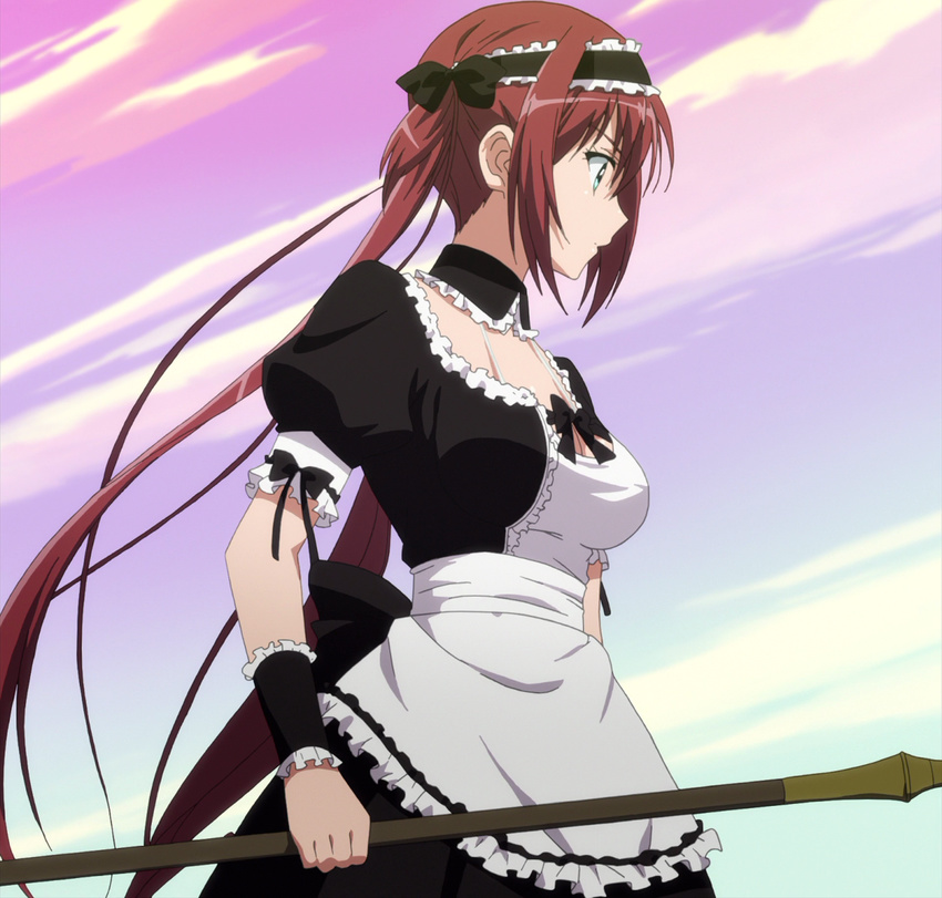 1girl airi_(queen's_blade) green_eyes highres long_hair maid queen's_blade queen's_blade_grimoire red_hair scythe solo stitched twintails weapon