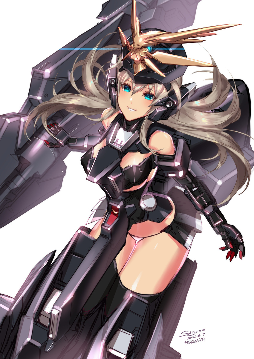 2016 absurdres advance_of_zeta armor bare_shoulders blue_eyes dated grey_hair gun gundam helmet highres looking_up mecha_musume panties parody sigm@ signature simple_background solo tr-6_woundwort underwear weapon white_background