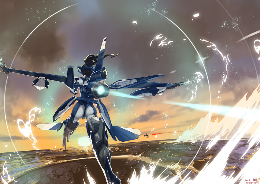 1girl armor ass black_hair bodysuit flying from_behind helmet jack_hamster long_hair mecha_musume original ponytail shiny shiny_clothes sky solo