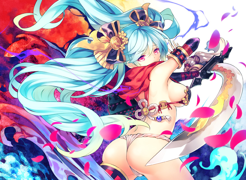 aqua_hair ass bow breasts long_hair original panties petals pink_eyes sword tagme_(artist) twintails underwear weapon