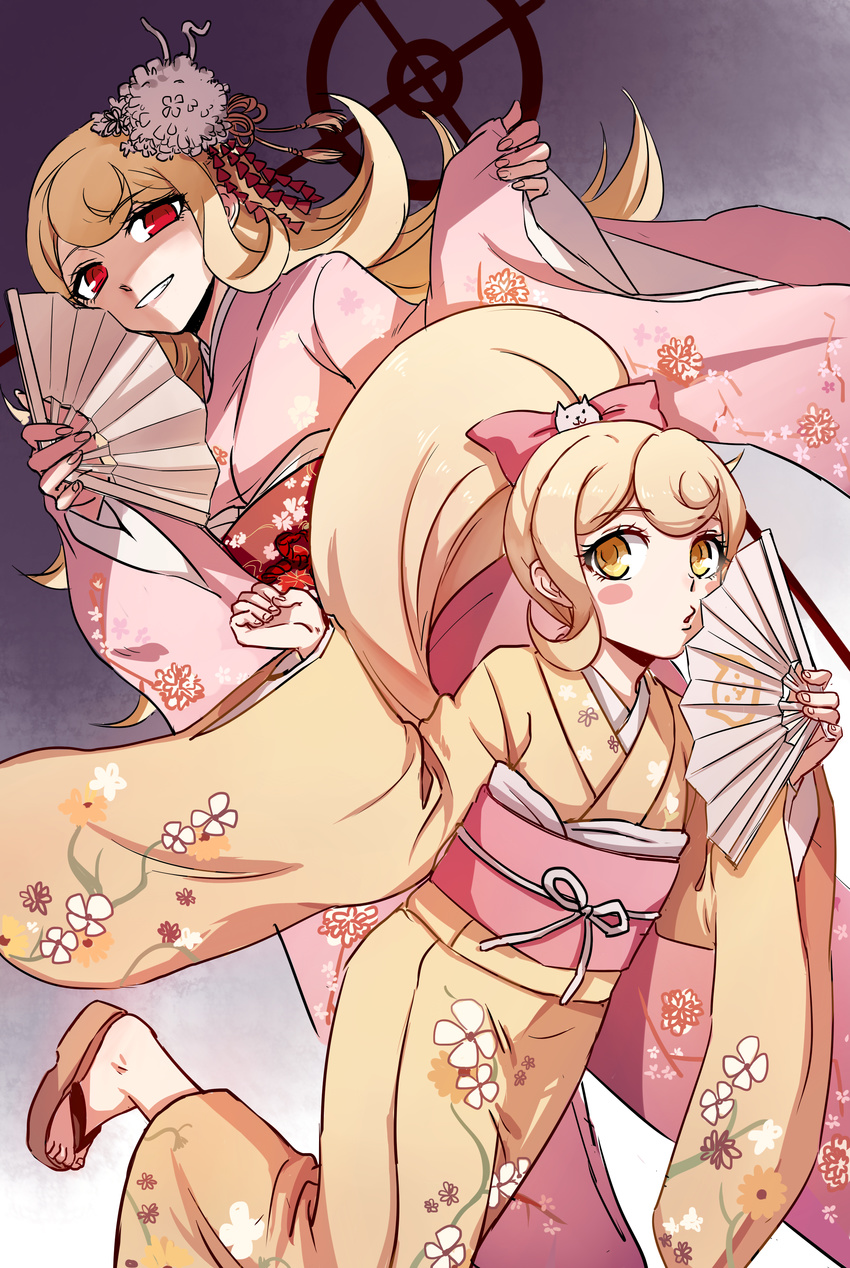 absurdres blonde_hair blush_stickers bow danganronpa danganronpa_3 dark_persona dual_persona fan folding_fan grin hair_bow highres japanese_clothes kimono long_hair obi older ponytail red_eyes saionji_hiyoko sandals sash smile spoilers yellow_eyes yolk_tomatosauce