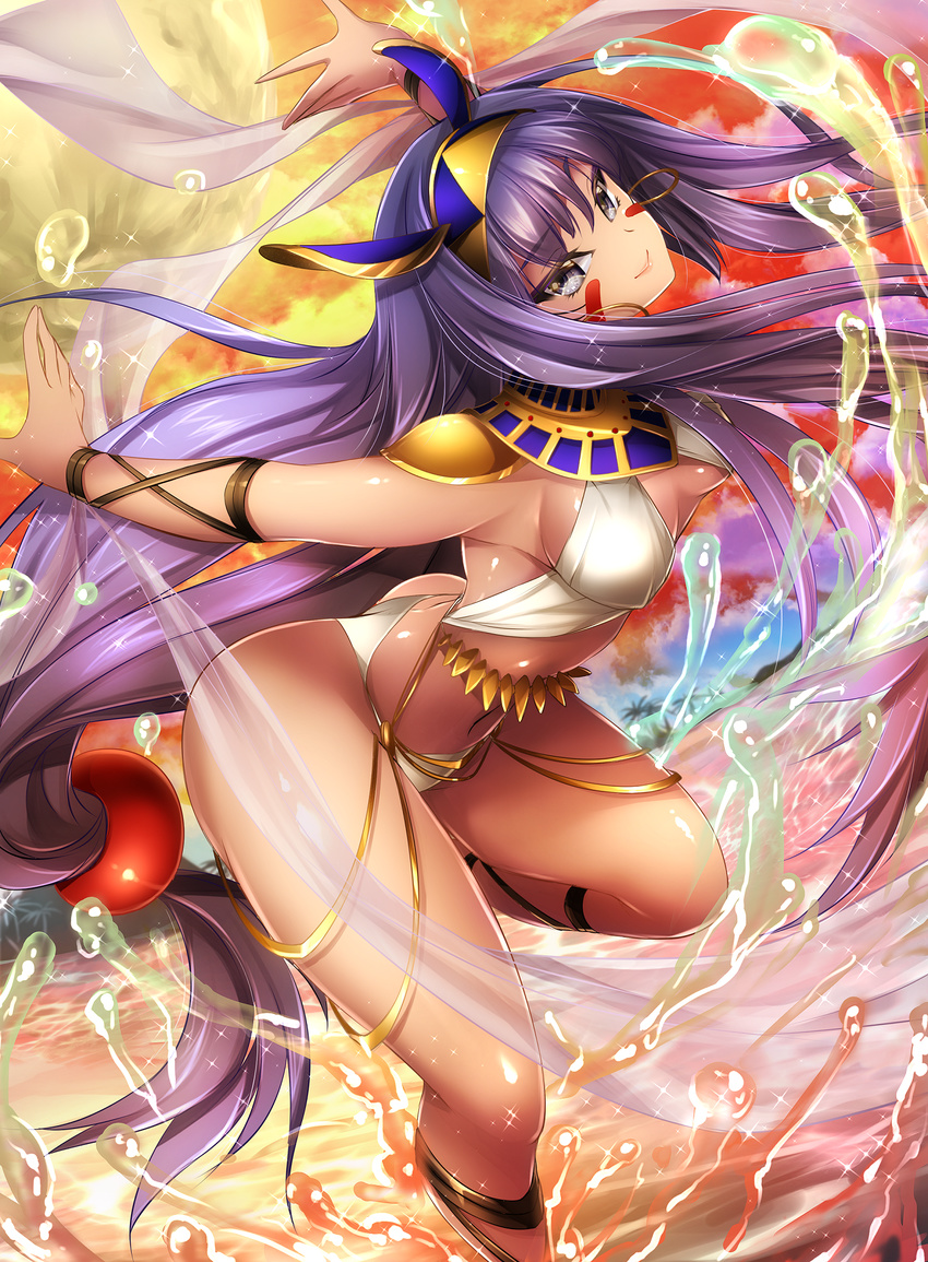 ankle_lace-up bangs bikini blue_hair breasts closed_mouth cloud covered_nipples cross-laced_footwear dark_skin earrings egyptian egyptian_clothes epaulettes eyebrows eyebrows_visible_through_hair eyelashes facepaint facial_mark fate/grand_order fate_(series) full_moon hair_between_eyes hair_ornament hairband highres hoop_earrings jewelry leg_up lens_flare long_hair looking_at_viewer low-tied_long_hair medium_breasts mia_(gute-nacht-07) moon multicolored_hair navel necklace nitocris_(fate/grand_order) outdoors outstretched_arms purple_eyes see-through shawl silver_eyes sky smile solo sparkle sphere standing standing_on_one_leg stomach swimsuit thighlet two-tone_hair very_long_hair wading water white_bikini