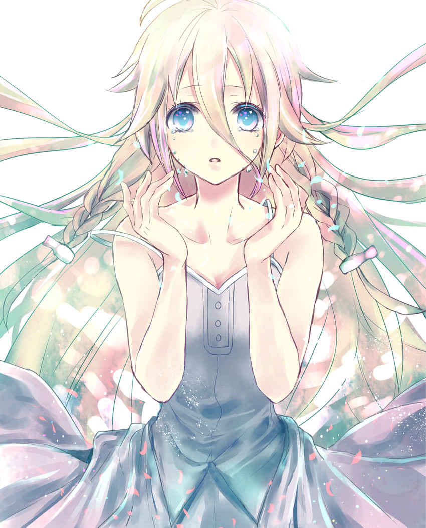 alicetype blue_eyes breasts cleavage collarbone crying crying_with_eyes_open dress hair_between_eyes highres ia_(vocaloid) long_hair looking_at_viewer silver_hair small_breasts smile solo tan tears vocaloid white_background white_dress