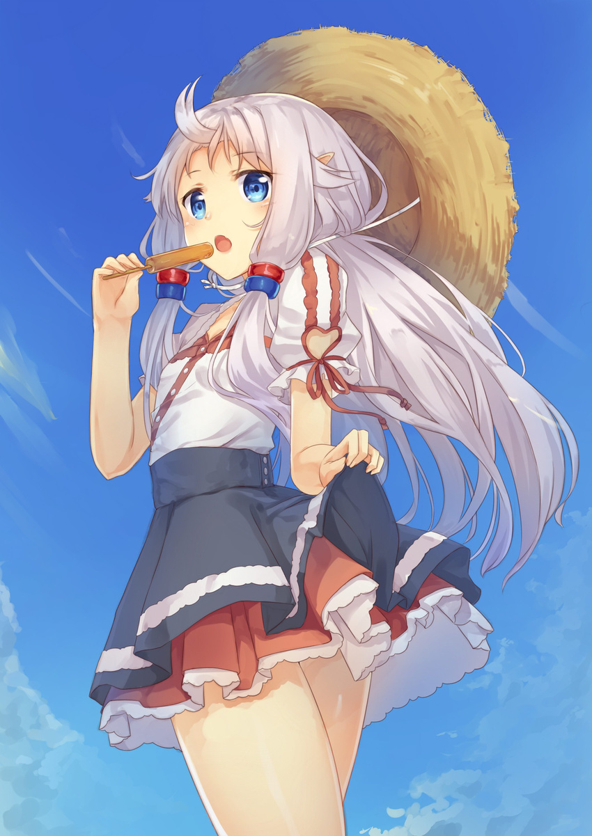 absurdres ahoge blue_eyes blush cowboy_shot food hair_tubes hat heart_cutout highres layered_skirt lifted_by_self long_hair looking_at_viewer open_mouth original popsicle puffy_short_sleeves puffy_sleeves ruma_imaginary short_sleeves sidelocks silver_hair skirt skirt_lift solo straw_hat