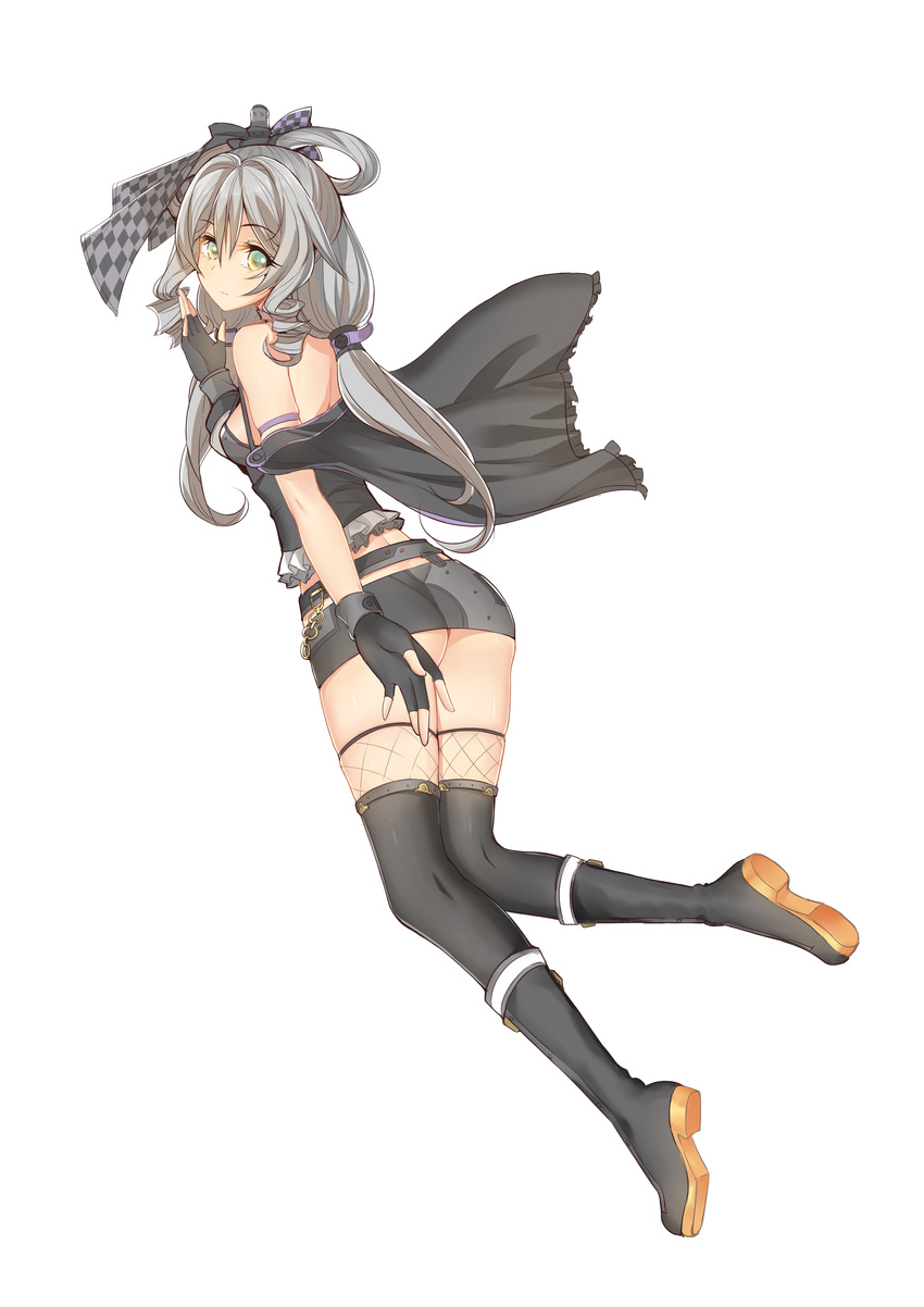 7305_(vocaloid) absurdres ass bare_shoulders black_footwear black_legwear boots bow camisole chain choker detached_sleeves drill_hair fingerless_gloves frills full_body gloves green_eyes grey_hair hair_bow highres long_hair looking_at_viewer looking_back luo_tianyi microskirt onceskylark open_mouth skirt solo twin_drills underwear vocaloid vocanese white_background