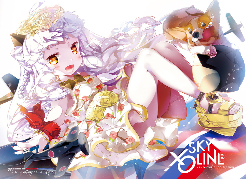 :d aircraft airplane alternate_costume animal blush braid cover cover_page dog doujin_cover french_braid heco_(mama) horns kantai_collection long_hair looking_at_viewer northern_ocean_hime open_mouth shinkaisei-kan sitting smile tiara white_hair white_skin yellow_eyes