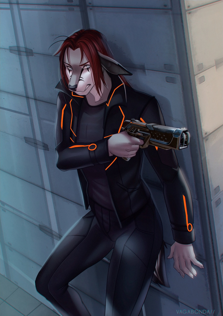 5_fingers anthro black_nose clothed clothing detailed_background gun hair looking_at_viewer male mammal pale_eyes ranged_weapon red_hair solo standing teeth vagabondbastard weapon