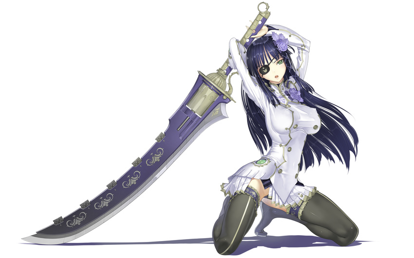 arms_up black_hair blue_hair boots breasts covered_nipples eyepatch flower full_body green_eyes hair_flower hair_ornament highres holding huge_weapon kneeling large_breasts long_hair long_sleeves nagisa_(psp2i) nakabayashi_reimei open_mouth panties phantasy_star phantasy_star_portable_2_infinity simple_background solo sword thigh_boots thighhighs underwear uniform weapon white_background
