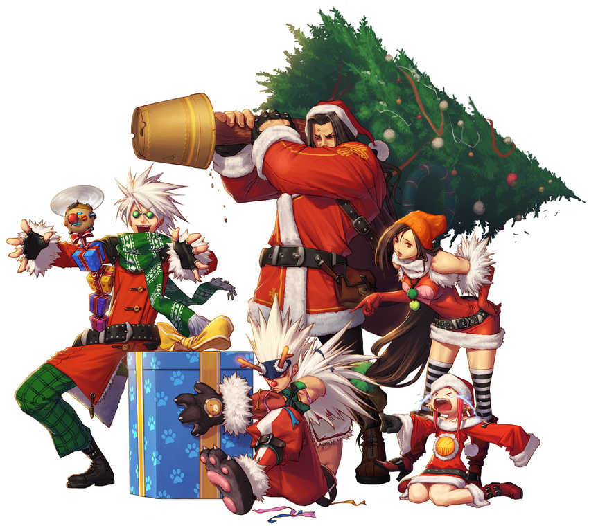 3boys ^_^ animal_print antlers artstation_sample bear_print belt black_footwear black_gloves boots box breasts brown_eyes brown_hair cat_paws character_request christmas christmas_ornaments christmas_tree closed_eyes clown_nose crying dress dungeon_and_fighter earrings elbow_gloves fighter_(dungeon_and_fighter) fingerless_gloves fur_trim gift gift_box glasses gloves green_pants gunner_(dungeon_and_fighter) hand_on_hip hat highres holding image_sample jewelry joo_sung_kang long_hair long_sleeves looking_at_another mage_(dungeon_and_fighter) multiple_boys multiple_girls outstretched_arm outstretched_arms pants paw_gloves paw_shoes paws pointing pointy_ears priest_(dungeon_and_fighter) red_dress red_eyes red_footwear red_gloves red_pants reindeer_antlers rimless_eyewear santa_costume santa_hat shoes short_hair simple_background sitting slayer_(dungeon_and_fighter) sleeves_past_wrists spiked_hair striped striped_legwear thighhighs very_long_hair wariza white_background white_hair