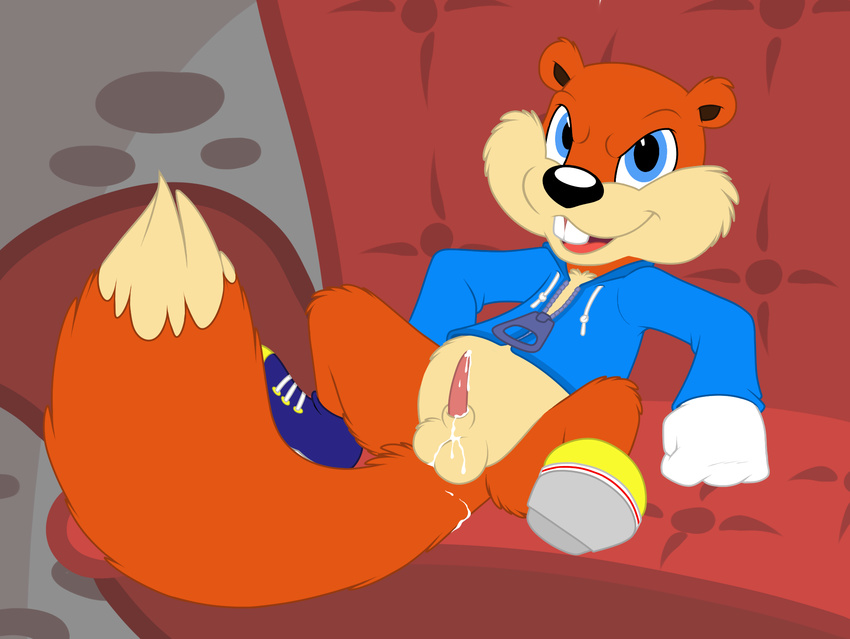 after_orgasm animal_genitalia anthro balls bottomless buckteeth clothed clothing conker conker's_bad_fur_day cum digital_media_(artwork) flat_colors hoodie looking_at_viewer male mammal mizzyam monochrome open_mouth penis rape_face reclining rodent sheath smile sneakers sofa solo spread_legs spreading squirrel tapering_penis teeth video_games