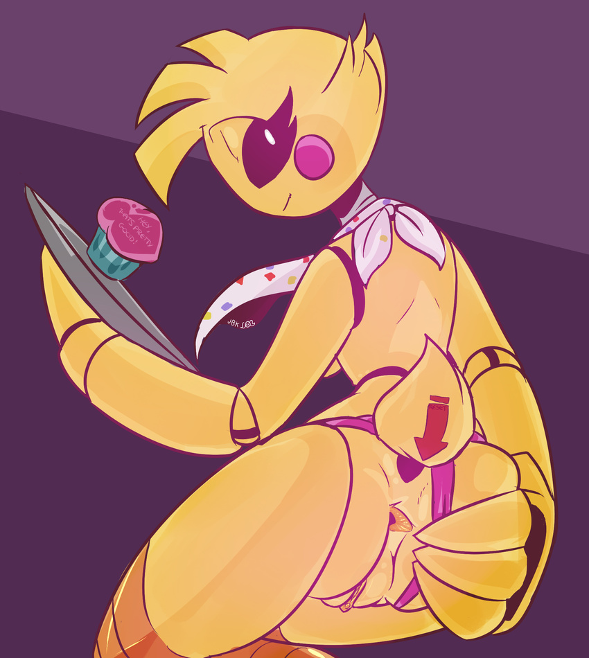 animatronic avian bib bird butt chicken clothing cupcake_(fnaf) five_nights_at_freddy's five_nights_at_freddy's_2 jailbait_knight machine panties panty_pull pussy robot spread_butt spreading toy_chica_(fnaf) tray underwear video_games