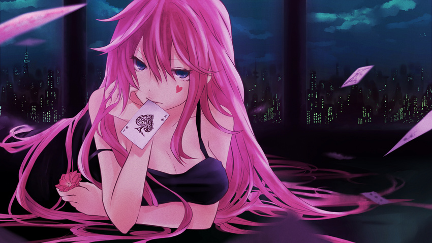 1girl alternative_costume blackjack blue_eyes breasts card card_(object) city cloud dlei facial_mark female flower hand_on_head head_rest heart highres holding holding_flower large_breasts long_hair looking_at_viewer lying megurine_luka mouth_hold night night_sky on_stomach pink_hair poker sky sleeveless solo spade_(card) vocaloid wind