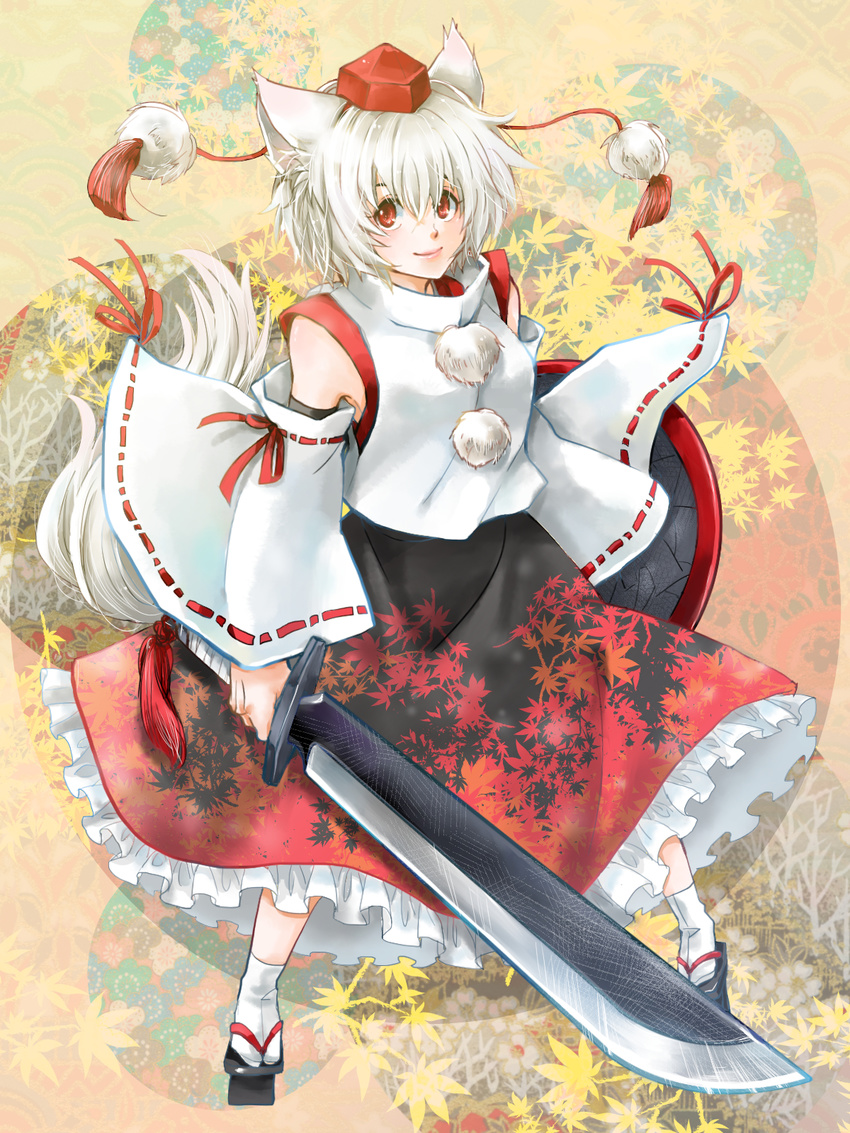animal_ears bare_shoulders breasts detached_sleeves geta hat highres inubashiri_momiji leaf looking_at_viewer looking_up medium_breasts pom_pom_(clothes) red_eyes ribbon-trimmed_sleeves ribbon_trim shield short_hair silver_hair solo sword tail tokin_hat touhou waka_(negronoir) weapon wolf_ears wolf_tail