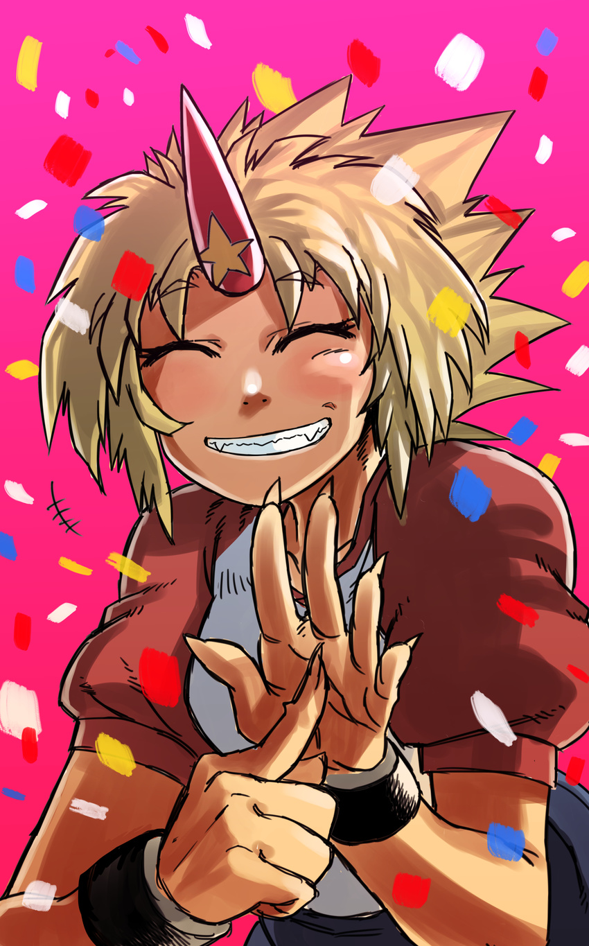 ^_^ absurdres blonde_hair closed_eyes collarbone commentary_request confetti cuffs fingernails grin hands highres horn hoshiguma_yuugi munakata_(sekimizu_kazuki) oni sidelocks simple_background smile solo spiked_hair star star_print touhou upper_body