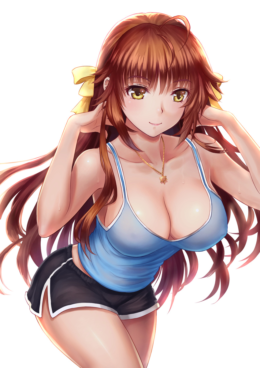 ahoge amulet bangs bare_arms black_shorts blush breasts brown_hair cleavage closed_mouth collarbone covered_nipples cowboy_shot eyebrows eyebrows_visible_through_hair eyelashes gym_shorts hair_ribbon hands_in_hair hexagram highres jewelry large_breasts long_hair looking_away necklace original ribbon see-through shiny shiny_skin shorts simple_background sleeveless smile solo sportswear sweat tank_top very_long_hair white_background yellow_eyes youbou
