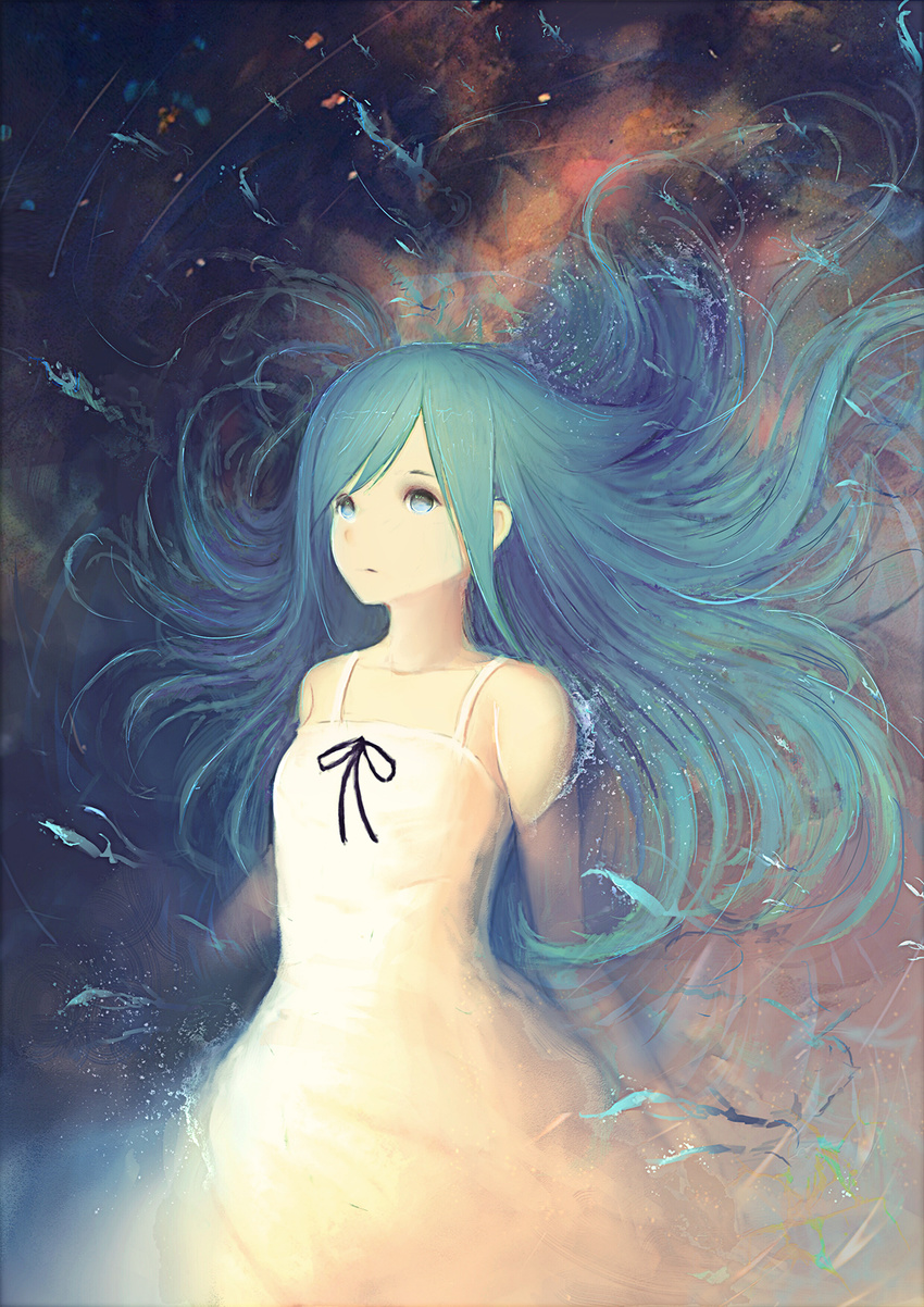 aqua_eyes bangs bare_shoulders black_ribbon blue_eyes dress floating_hair highres long_hair looking_afar nooko partially_submerged ribbon saya saya_no_uta solo standing sundress swept_bangs very_long_hair