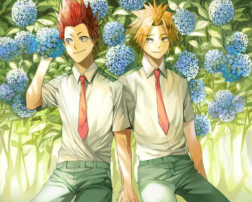 blonde_hair boku_no_hero_academia cowboy_shot dns_yuma flower highres hydrangea kaminari_denki kirishima_eijirou looking_to_the_side male_focus multiple_boys necktie red_eyes red_hair red_neckwear school_uniform smile spiked_hair u.a._school_uniform yellow_eyes