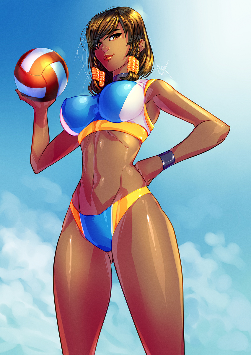 absurdres ass_visible_through_thighs ball bangs beach_volleyball black_hair blue_sky braid breasts brown_eyes brown_lipstick carlos_javier closed_mouth cloud cloudy_sky covered_nipples cowboy_shot dark_skin day eye_of_horus eyebrows eyebrows_visible_through_hair facial_mark facial_tattoo from_below groin hair_tubes hand_on_hip highres holding holding_ball huge_filesize large_breasts lips lipstick looking_at_viewer makeup midriff navel overwatch pharah_(overwatch) side_braids signature sky solo sports_bikini tattoo thighs track_uniform volleyball wristband