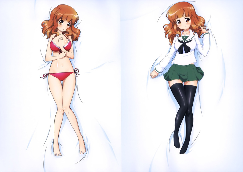 bed_sheet bikini black_legwear breasts brown_eyes brown_hair cleavage collarbone dakimakura eyewear_removed from_above full_body girls_und_panzer glasses green_skirt image_sample long_hair looking_at_viewer lying medium_breasts multiple_views navel official_art on_back pleated_skirt red_bikini school_uniform serafuku shirt side-tie_bikini skirt smile swimsuit takebe_saori thighhighs white_shirt yandere_sample zettai_ryouiki