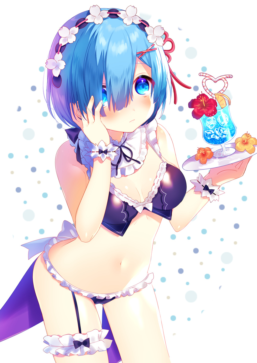 adapted_costume bad_id bad_pixiv_id bangs bendy_straw bikini black_bikini black_bow black_neckwear black_ribbon blue_eyes blue_hair blue_hawaii blush bow breasts closed_mouth cocktail_glass cowboy_shot crazy_straw cup drink drinking_glass drinking_straw flower food frilled_bikini frills frown fruit hair_ornament hair_over_one_eye hairband hairclip hand_on_own_cheek hand_on_own_face heart_straw hibiscus highres holding holding_tray ice ice_cube leg_garter mafuyu_(chibi21) maid_bikini medium_breasts navel neck_ribbon orange orange_flower orange_slice re:zero_kara_hajimeru_isekai_seikatsu red_flower rem_(re:zero) ribbon shiny shiny_clothes short_hair solo stomach swimsuit tray tropical_drink waitress white_background white_bow wrist_cuffs x_hair_ornament yellow_flower