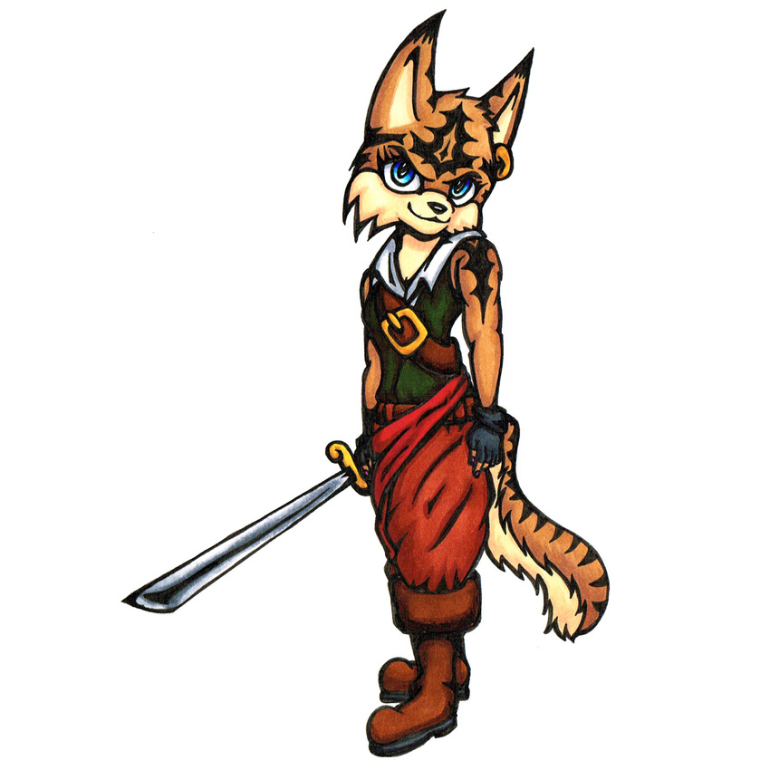 anthro black_nose blue_eyes boots clothing feline female fingerless_gloves footwear fuzzt0ne gloves hi_res mammal melee_weapon miyu_lynx nintendo smile solo star_fox sword video_games weapon