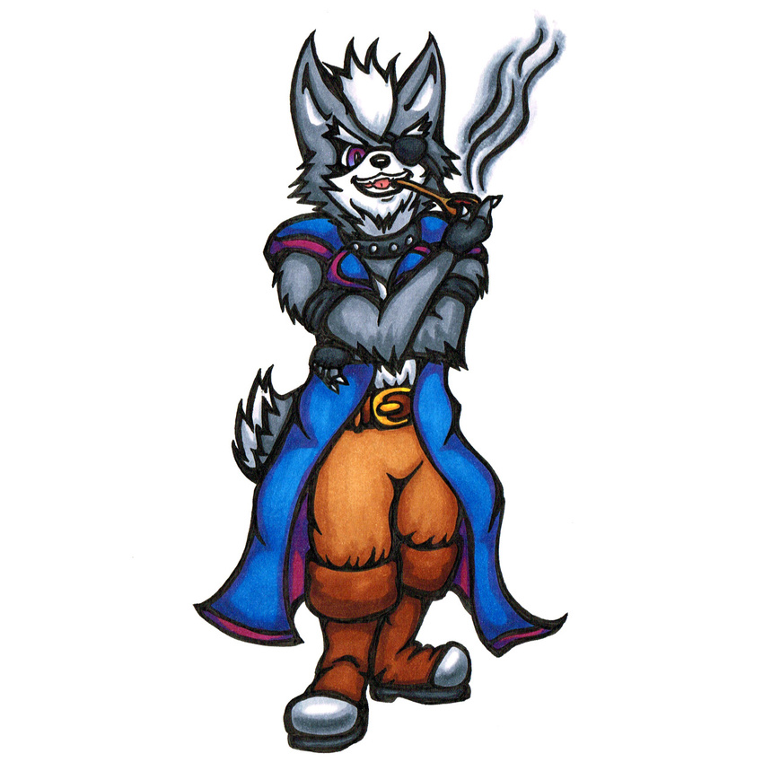 anthro belt black_nose boots canine clothing eye_patch eyewear footwear fur fuzzt0ne grey_fur hi_res mammal nintendo purple_eyes smoke smoking star_fox video_games white_fur wolf wolf_o'donnell