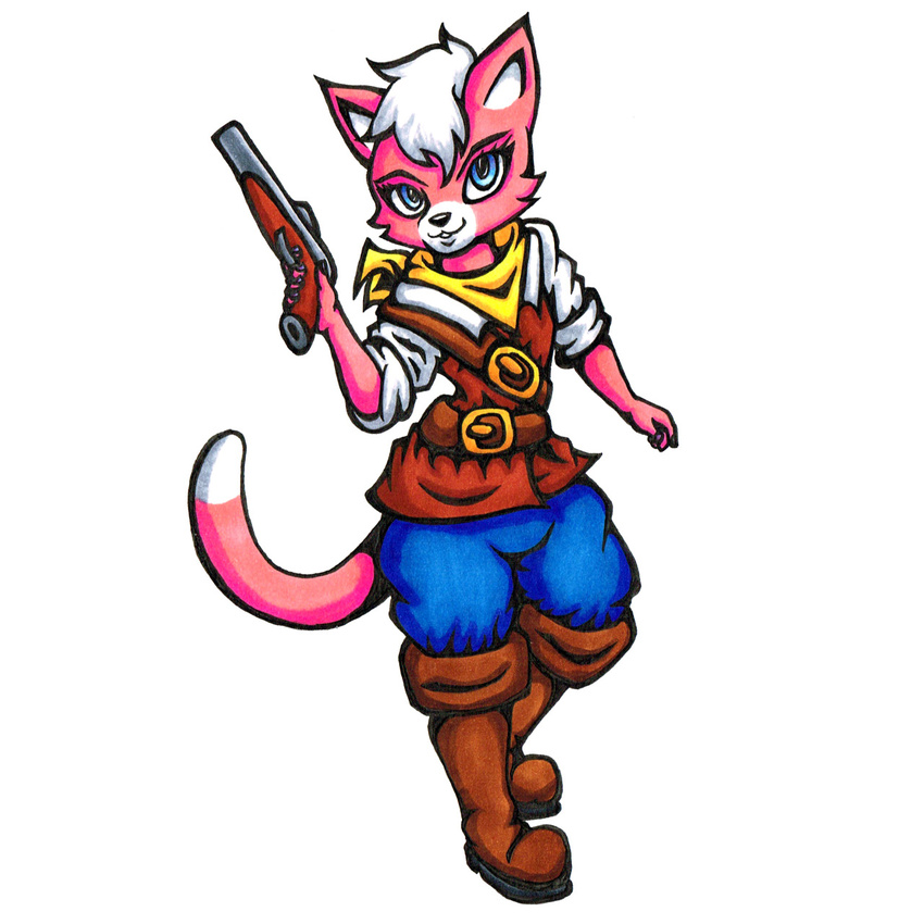 anthro belt black_nose blue_eyes boots clothing feline female footwear fur fuzzt0ne hair hi_res katt_monroe mammal nintendo pink_fur scarf short_hair star_fox video_games weapon white_fur white_hair