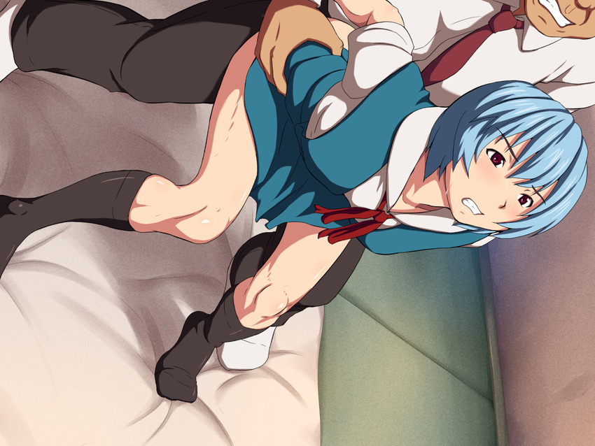 1girl ayanami_rei bent_over blue_hair blush breasts clenched_teeth clothed_sex collared_shirt feet futon highres indoors legs looking_away maku_(l-u) necktie neon_genesis_evangelion no_panties no_shoes red_eyes school_uniform sex short_hair short_sleeves small_breasts socks solo_focus thighs vaginal