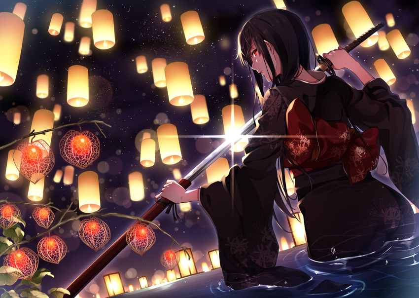 afloat_lantern black_hair chinese_lantern_(plant) commentary_request cut_(bu-kunn) from_behind hair_over_shoulder highres holding holding_sword holding_weapon japanese_clothes katana kimono lantern long_hair long_sleeves looking_at_viewer looking_back night night_sky obon original outdoors paper_lantern parted_lips plant red_eyes sash sheath sky solo standing star_(sky) starry_sky sword unsheathing wading water weapon wide_sleeves