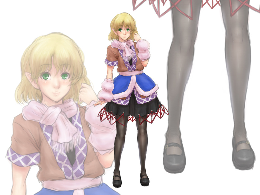 arm_warmers black_legwear blonde_hair blush full_body green_eyes highres kuro_suto_sukii looking_at_viewer mary_janes mizuhashi_parsee pantyhose pointy_ears shoes simple_background sketch skirt smile solo touhou white_background