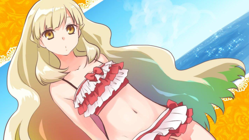 alternate_costume bangs bare_shoulders bikini blonde_hair cloud collarbone commentary_request day dutch_angle frills head_tilt horizon long_hair looking_at_viewer mayu_(vocaloid) midriff multicolored_hair navel oumi_sanaka sky solo swimsuit upper_body vocaloid water yellow_eyes