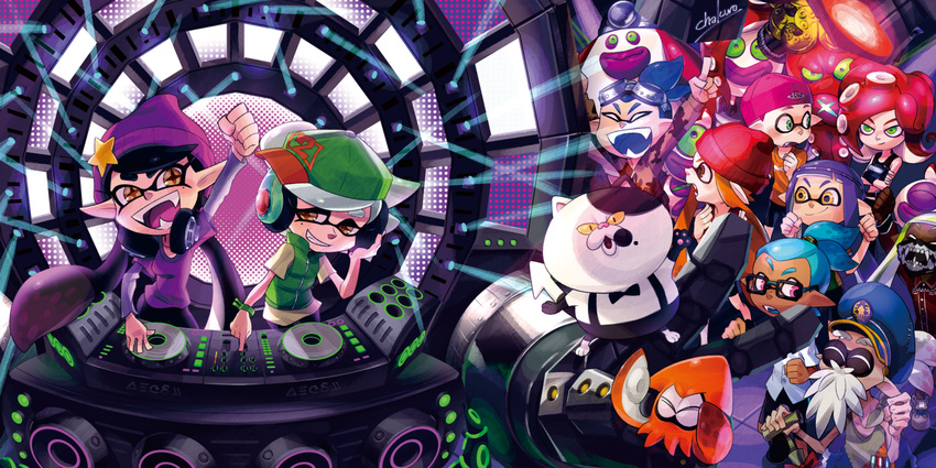 4boys 6+girls album_cover aori_(splatoon) aqua_hair arm_up armor backwards_hat bandana bangs baseball_cap beanie beard black_hair blue_hair blunt_bangs brown_eyes cat cha_kuro_(limo) closed_eyes commander_atarime commentary cover dark_skin dark_skinned_male dj_takowasa domino_mask facial_hair fangs glasses goggles goggles_on_head green_sclera grey_hair hat helmet hood hoodie hotaru_(splatoon) inkling jajji-kun_(splatoon) japanese_armor kabuto layered_clothing mask multiple_boys multiple_girls octarian octoball octobomber octoling octopus octotrooper peaked_cap phonograph pink_eyes pointy_ears ponytail purple_eyes purple_hair red_hair shirt sidelocks sideways_hat signature silver_hair smile splatoon_(series) splatoon_1 squid squidbeak_splatoon t-shirt takozonesu tentacle_hair turntable vest yellow_eyes