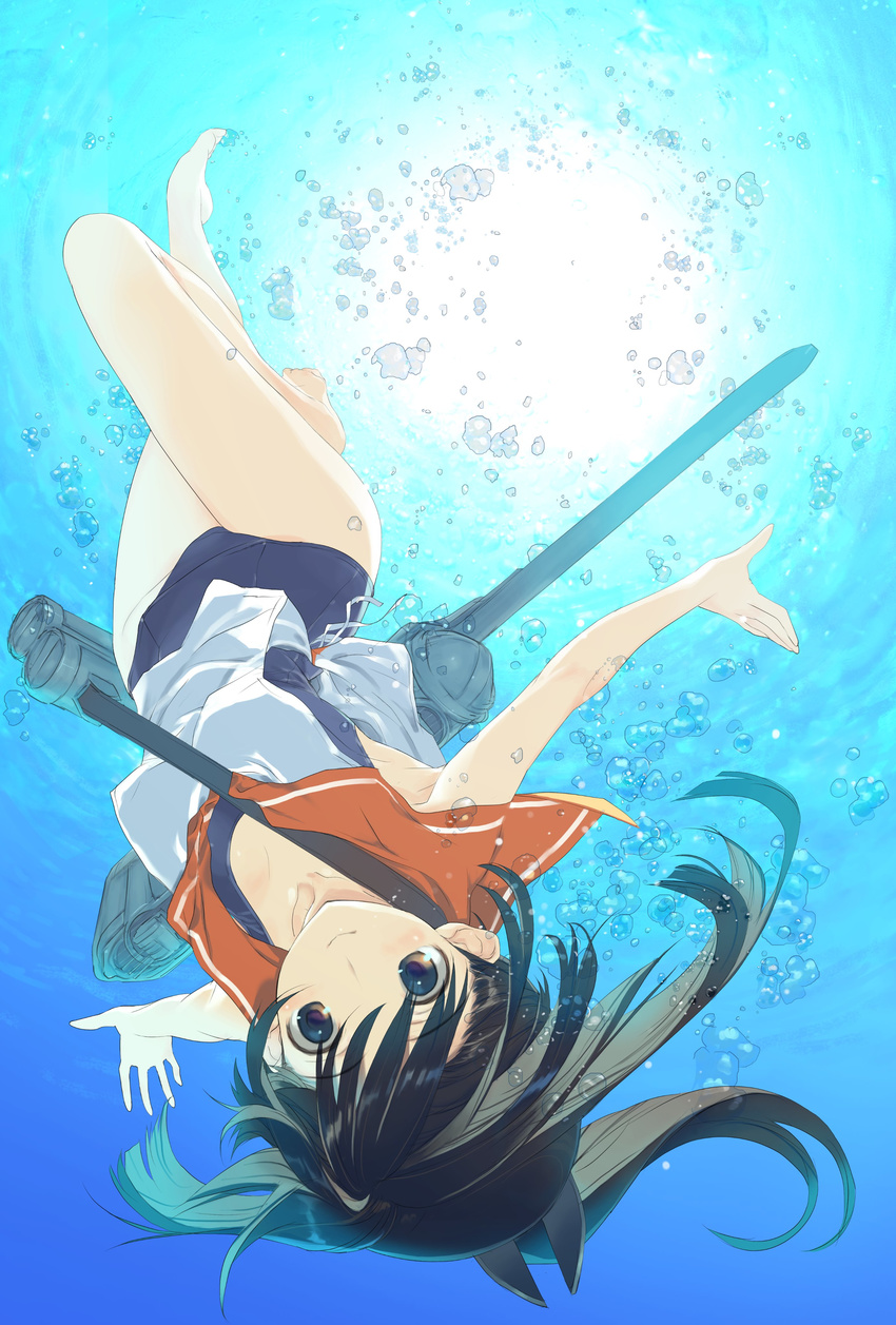 absurdres black_hair brown_eyes freediving full_body highres i-401_(kantai_collection) kantai_collection long_hair nakamura_takeshi ponytail sailor_collar school_swimsuit solo submerged swimsuit swimsuit_under_clothes underwater upside-down