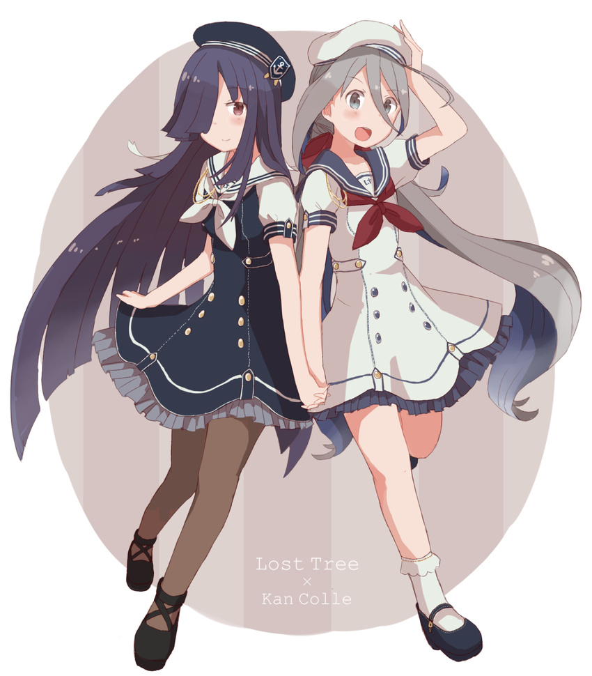 2girls :d ahoge aiguillette akademie_der_meeresbrise alternate_costume anchor_symbol beret blue_hair blush bobby_socks brown_eyes buttons commentary_request copyright_name cosplay dress grey_eyes grey_hair hair_between_eyes hair_over_one_eye hand_on_headwear hat hayashimo_(kantai_collection) highres holding_hands kantai_collection kiyoshimo_(kantai_collection) long_hair looking_at_viewer lost_tree low_twintails mary_janes multicolored_hair multiple_girls neckerchief open_mouth pantyhose purple_hair revision riz_(ravel_dc) sailor_dress sailor_hat shoes short_sleeves simple_background smile socks twintails very_long_hair