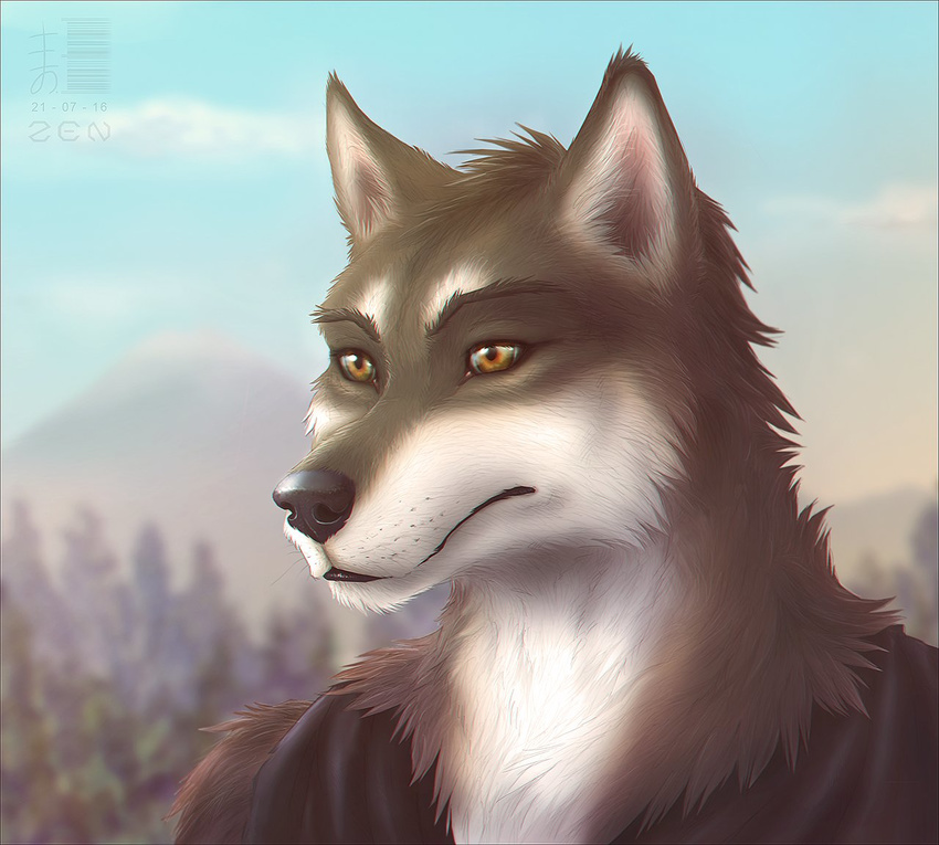 2016 amber_eyes anthro black_nose canine clothed clothing cloud detailed_background digital_media_(artwork) eyebrows forest fur grey_fur male mammal mountain outside sky solo tree whiskers white_fur wolf zen