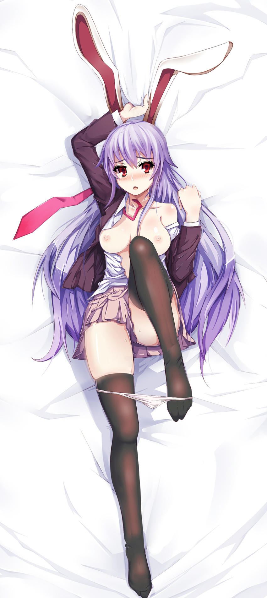 absurdres animal_ears arm_up bad_id bad_pixiv_id blush breasts breasts_outside brown_legwear bunny_ears convenient_censoring dakimakura full-face_blush full_body highres jacket lavender_hair long_hair long_sleeves looking_at_viewer lying medium_breasts necktie nipples off_shoulder on_back on_bed open_mouth panties panty_pull red_eyes reisen_udongein_inaba shirt skirt solo sweat thighhighs touhou underwear very_long_hair white_panties zeroshiki_kouichi