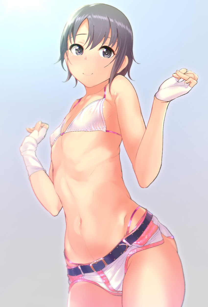 bad_id bad_twitter_id bikini black_hair covered_nipples fingerless_gloves flat_chest gloves highleg highleg_bikini highres hips idolmaster idolmaster_cinderella_girls micro_shorts otokura_yuuki outstretched_wrists q_(ed69) short_hair shorts side_slit side_slit_shorts solo string_bikini swimsuit w_arms white_bikini white_shorts