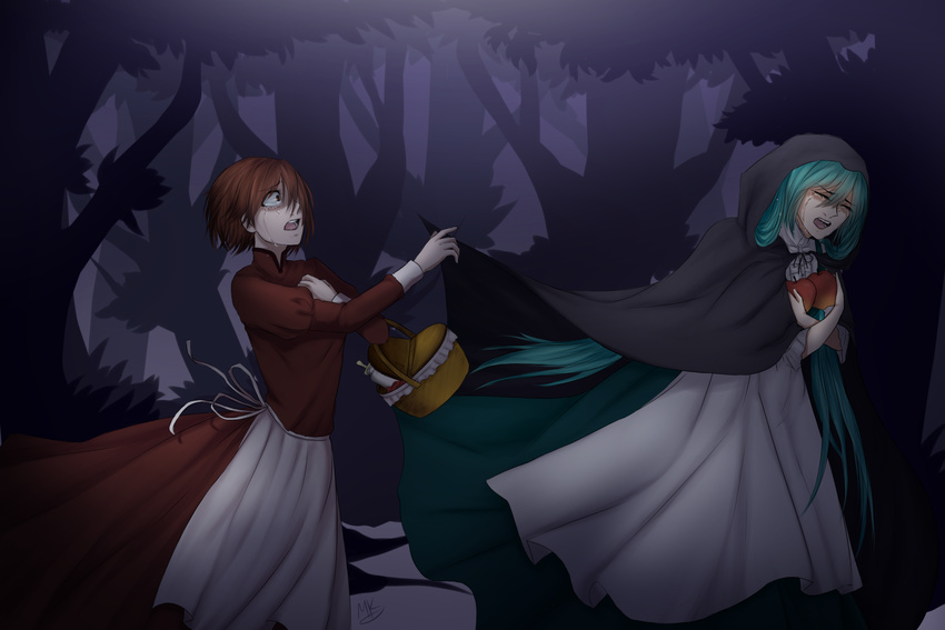 apple apron aqua_hair basket bottle brown_hair chasing cloak crying crying_with_eyes_open dress eve_moonlit evillious_nendaiki fleeing food forest fruit green_dress hand_on_own_chest hatsune_miku highres holding hood long_hair mandy_kurosaki meiko meta_salmhofer milk_bottle moonlit_bear_(vocaloid) multiple_girls nature night picnic_basket reaching_out red_dress short_hair tears tree very_long_hair vocaloid