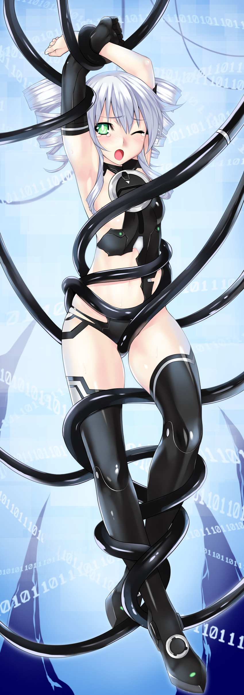absurdres black_sister bound breasts drill_hair elbow_gloves gloves green_eyes highres kamia_(not_found) long_hair neptune_(series) restrained small_breasts solo tentacles torn_clothes twin_drills white_hair