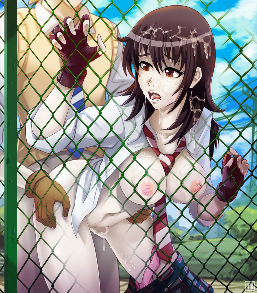 1girl against_fence between_breasts black_hair breasts brown_eyes bush chain-link_fence clothed_sex cloud coppelion couple cum cum_in_mouth cum_on_body cum_on_breasts cum_on_hair cum_on_lower_body cum_on_upper_body cumdrip day doggystyle facial fence fingerless_gloves gloves hetero highres hmage kurosawa_haruto large_breasts long_hair naruse_ibara navel necktie nipples open_clothes open_mouth open_shirt outdoors overflow pale_skin panties panties_around_one_leg pink_panties plaid plaid_skirt plant sex shirt skirt skirt_around_one_leg sky sleeves_rolled_up solo_focus striped striped_neckwear sweater transmission_tower underwear watermark white_shirt x-ray