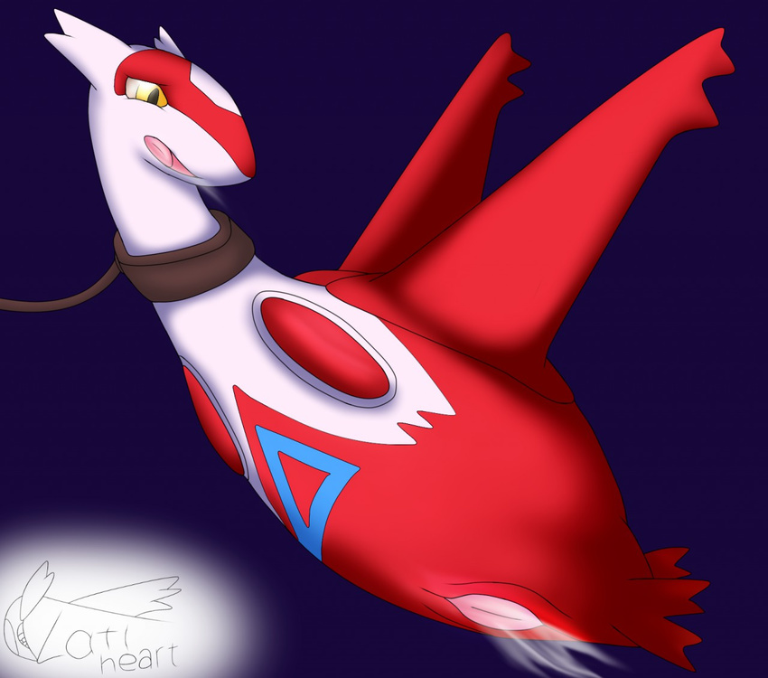 2016 collar dragon dragon_type feathers female feral flying latias latiheart leash legendary_pok&eacute;mon nintendo nude open_mouth pok&eacute;mon psychic_type pussy pussy_juice simple_background solo tongue video_games white_feathers wings yellow_eyes