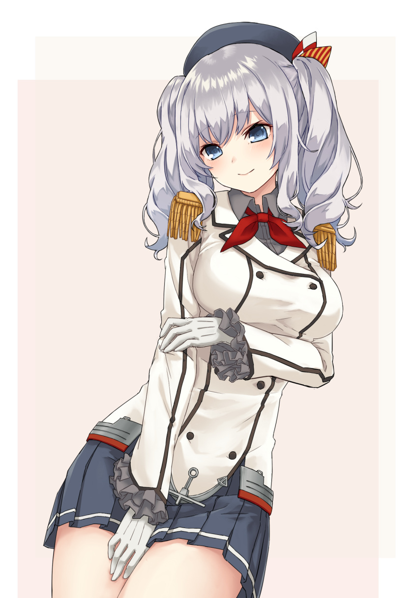 1girl beret black_hat black_skirt blue_eyes blush breasts buttons closed_mouth epaulettes eyebrows_visible_through_hair gloves grey_background grey_eyes hat highres jacket kantai_collection kashima_(kantai_collection) large_breasts long_sleeves looking_at_viewer military_jacket miniskirt namec0 neckerchief pleated_skirt red_neckwear sidelocks silver_hair skirt smile twintails wavy_hair white_background white_gloves white_jacket