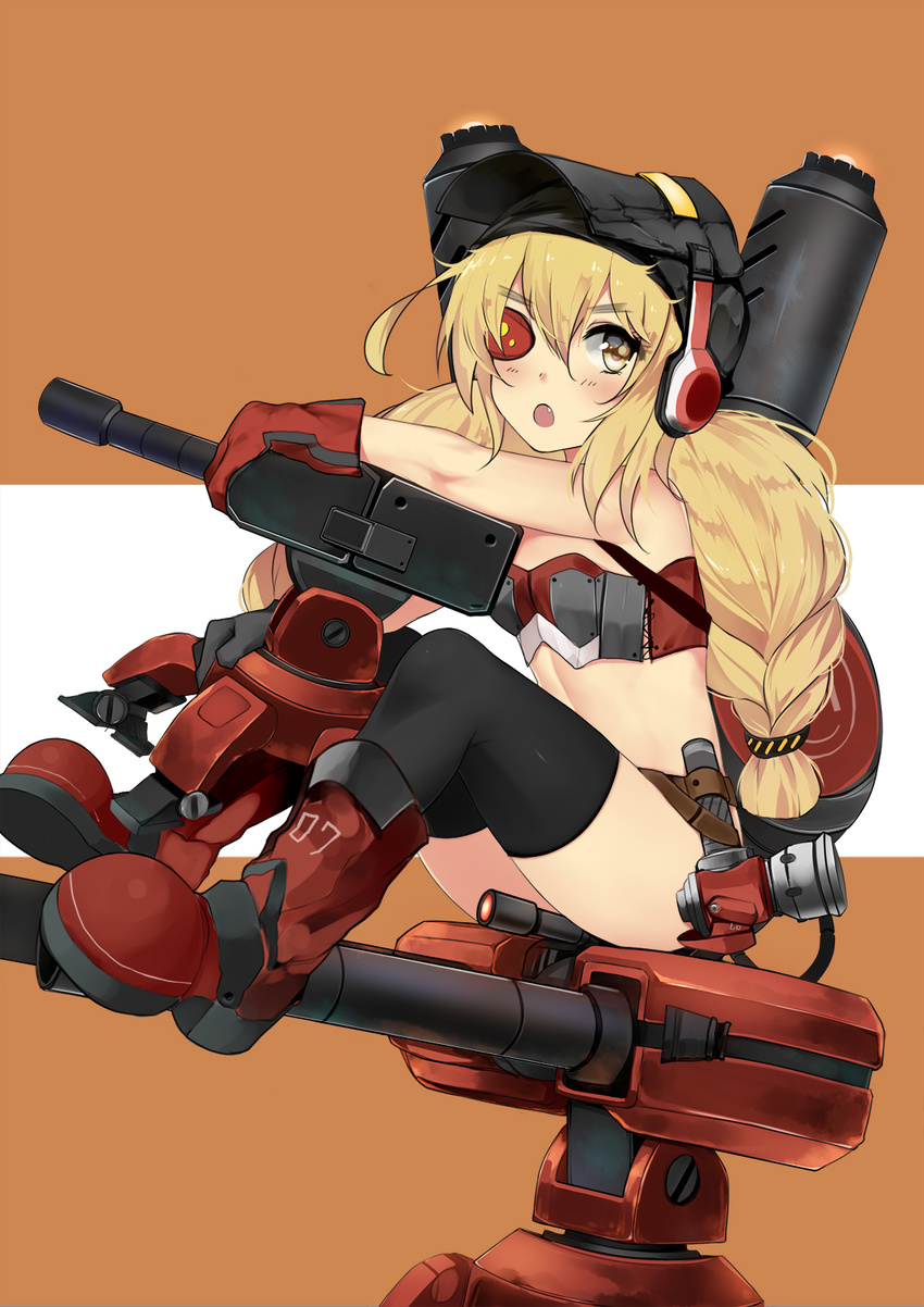 :o bare_shoulders bba1985 belt black_legwear blonde_hair blush boots braid exhaust_pipe eyebrows eyebrows_visible_through_hair eyepatch fang flat_chest genderswap genderswap_(mtf) gloves hammer highres knee_boots low_twintails machinery mask mask_on_head open_mouth overwatch red_footwear red_gloves sitting solo strapless thighhighs torbjorn_(overwatch) turret twin_braids twintails utility_belt welding_mask yellow_eyes younger