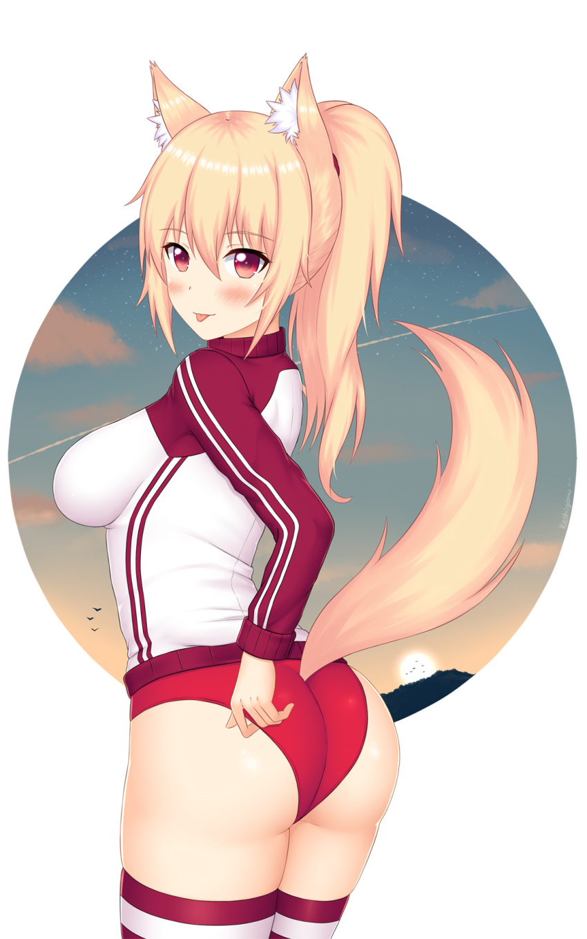 1girl adjusting_buruma adjusting_clothes animal_ear_fluff animal_ears ass bird blonde_hair blush borrowed_character breasts buruma condensation_trail eyebrows_visible_through_hair fox_ears fox_girl fox_tail from_behind gym_uniform hair_between_eyes highres jacket keshigomu large_breasts long_hair long_sleeves looking_at_viewer looking_back medium_breasts original ponytail red_buruma red_eyes skindentation sky solo striped striped_legwear sun sunset tail thighhighs tiffy track_jacket